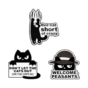 Three-piece set of funny black cat enamel pins with humorous English slogans for backpacks