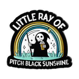 Cartoon reaper enamel pin badge featuring Pitch Black Sunshine text on white background