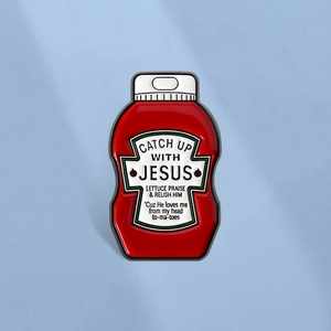 Lustige Tomatenketchup-Flasche Emaille-Anstecknadel Religiöses Wortspiel Zinklegierung Brosche Abzeichen Für Kleidung Taschen Dekoration
