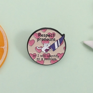 Funny Cat Enamel Pin Holding Knife Respect Pronouns Round Alloy Brooch Heart Pattern Cartoon Badge For Clothing Bag Accessories