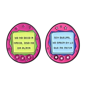 Pink retro electronic pet enamel pins set with Spanish quotes and metal finish