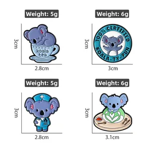 Set of four cute blue koala enamel pins showing sizes 3cm and weights 5g or 6g