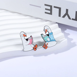 Cute cartoon white duck enamel pins set reading books for students trendy accessories