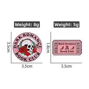 Detailed dimensions of pink skull and flower book club enamel pins set in zinc alloy