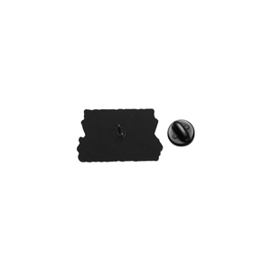 Back view of black matte enamel pin featuring a secure clutch back on white background