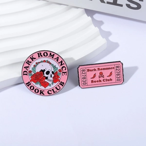 Gothic skull and red roses Dark Romance Book Club enamel pins set on white display