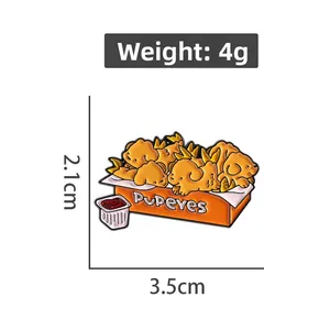 Detailed size view of puppy fried chicken enamel pin with 4g weight and 2.1x3.5cm dimensions