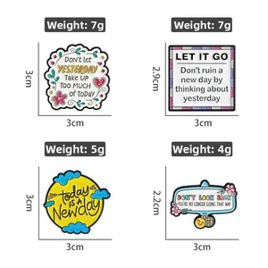 Size chart showing weight and dimensions for four enamel quote brooches