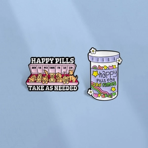 Cartoon Dog Happy Pills Box And Rainbow Bottle Enamel Pin Badge For Backpack Jacket Decoration Healing Letter Brooch Jewelry