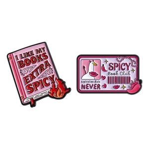 Pink Spicy Book Club enamel pins set including member card and spicy book design with flame