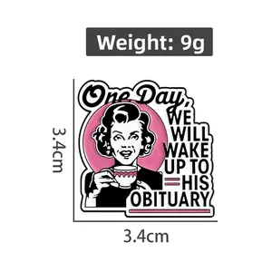 Detail view of square enamel pin badge with comic pop art design and 3.4cm size