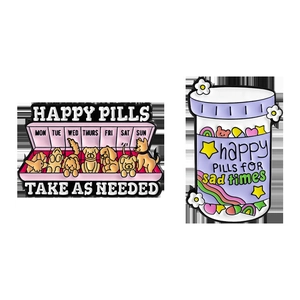 Enamel dog badges featuring happy pills design with rainbow and floral motifs