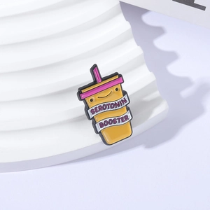 Funny Serotonin Booster enamel pin badge featuring a yellow drink cup on a white stand