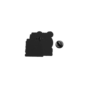 Detail view of the metal brooch back with matte black finish and rubber pin clutch