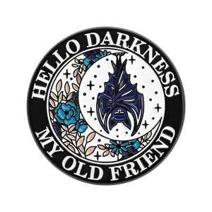 Broche gothique en émail avec lune et chauve-souris et texte Hello Darkness My Old Friend