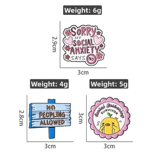 Detailed dimensions and weight of enamel pins with social anxiety and flower themes