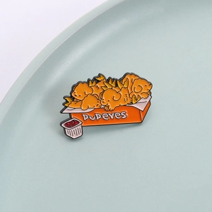 Creative puppy fried chicken enamel pin badge set with sauce dip accessory in orange box