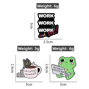 Detailed view of humor cartoon enamel pins showing exact weights and product dimensions