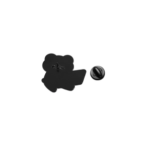 Detail of black enamel pins featuring mascot silhouettes with black rubber clutch backs