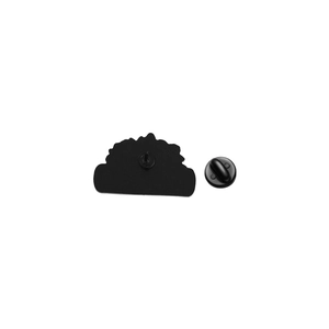 Detailed back view of enamel pin with black matte finish and secure rubber clutch