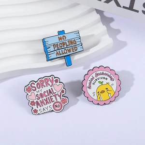Three introverted social anxiety enamel pins with yellow duck and funny slogans