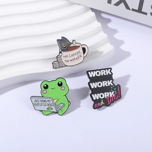Three-piece funny office life enamel pin set featuring cartoon cat and frog illustrations
