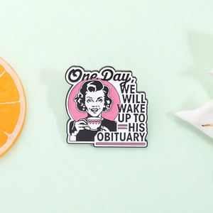 Retro enamel brooch featuring a 50s woman with tea cup on a bright green background