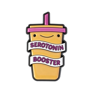 Cute serotonin booster enamel pin featuring a yellow cartoon cup and pink lid design
