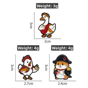 Detail showing cartoon goose, rooster and hamster enamel pins with specific 3cm height