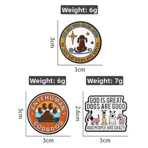 Detailed size and weight specs for three cute dog themed enamel pins with measurements