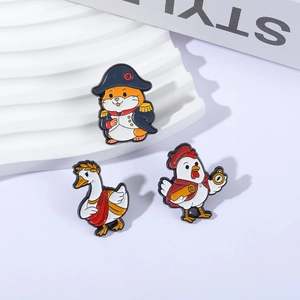 Whimsical animal enamel pins set featuring hamster, goose, and rooster in historic costumes