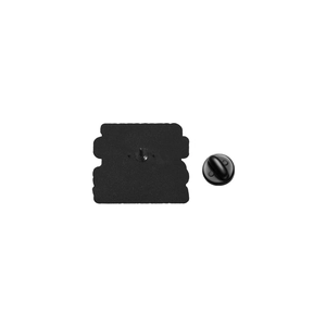 Detail of matte black pin back with rubber clutch closure for pet badge accessory