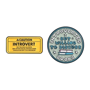 Funny enamel introvert pins set including book club badge and social warning sign