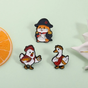 Retro animal enamel pins set featuring Napoleon hamster, Roman goose, and adventure chicken