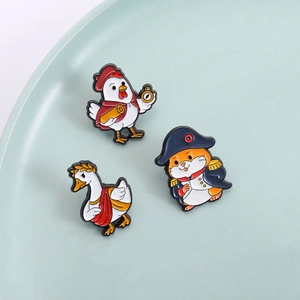 Funny anthropomorphic animal enamel pins set with Roman goose and Napoleon hamster
