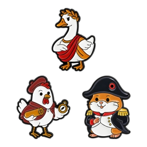 Funny historical animal enamel pins featuring Caesar goose, Napoleon hamster and rooster