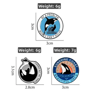Detailed size and weight specifications for orca enamel pins with ocean theme slogans