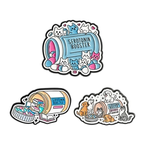 Enamel pins set with cats and serotonin booster medicine bottles for mental health