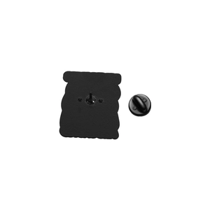 Detailed back view of the cartoon green frog enamel pin showing black alloy finish and clutch
