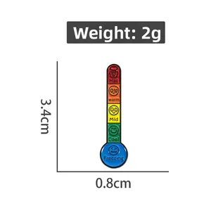 Detail view of colorful thermometer enamel pin with precise weight and size dimensions