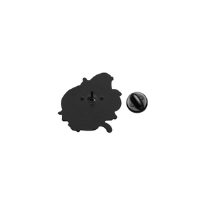 Detailed back view of enamel pin with secure black rubber clutch and textured metal base