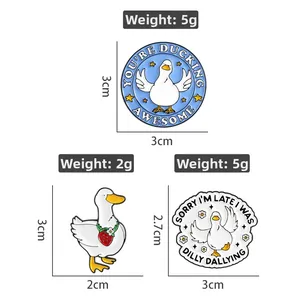 Detailed size chart showing dimensions and weight for cute cartoon duck enamel pins