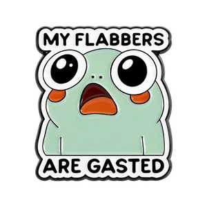 Cute green frog enamel pin badge with My Flabbers Are Gasted text on white background