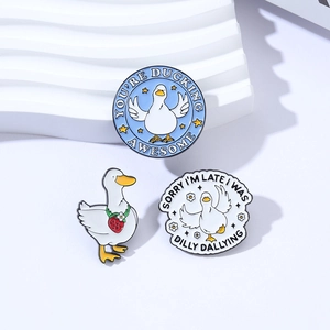 Funny enamel pins set with white ducks, strawberry necklace, and humorous quotes on white background