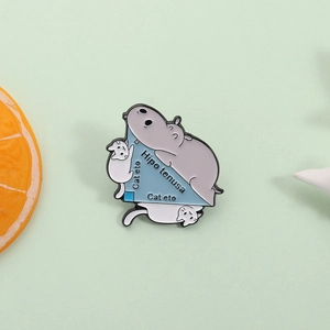 Funny geometric hippo and cat enamel pin badge featuring mathematical pythagorean theme