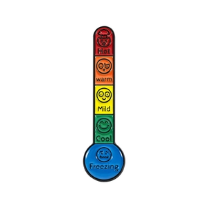 Funny thermometer enamel pin with color-coded temperature levels on white background
