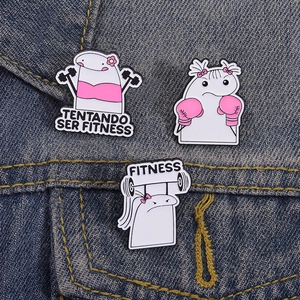 Funny fitness enamel pins with Flork characters on denim jacket for gym lovers