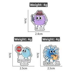 Detailed size and weight specs for NK cell, T cell, and dendritic cell enamel pins