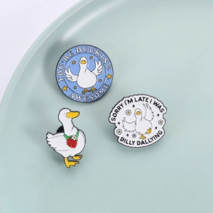 Three-piece duck enamel pins set with strawberry decor and funny quote badges