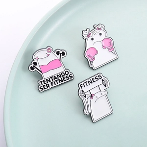 Cartoon Flork fitness enamel pins set with boxing and weightlifting themes on a plate